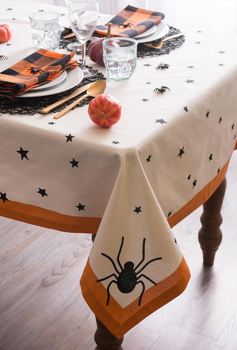 DII DII Halloween Tabletop Collection Bold Black StarsSpooky Spider with Orange Border on OffWhite Natural Background Machine Washable 52x52 Tablecloth - Image 3