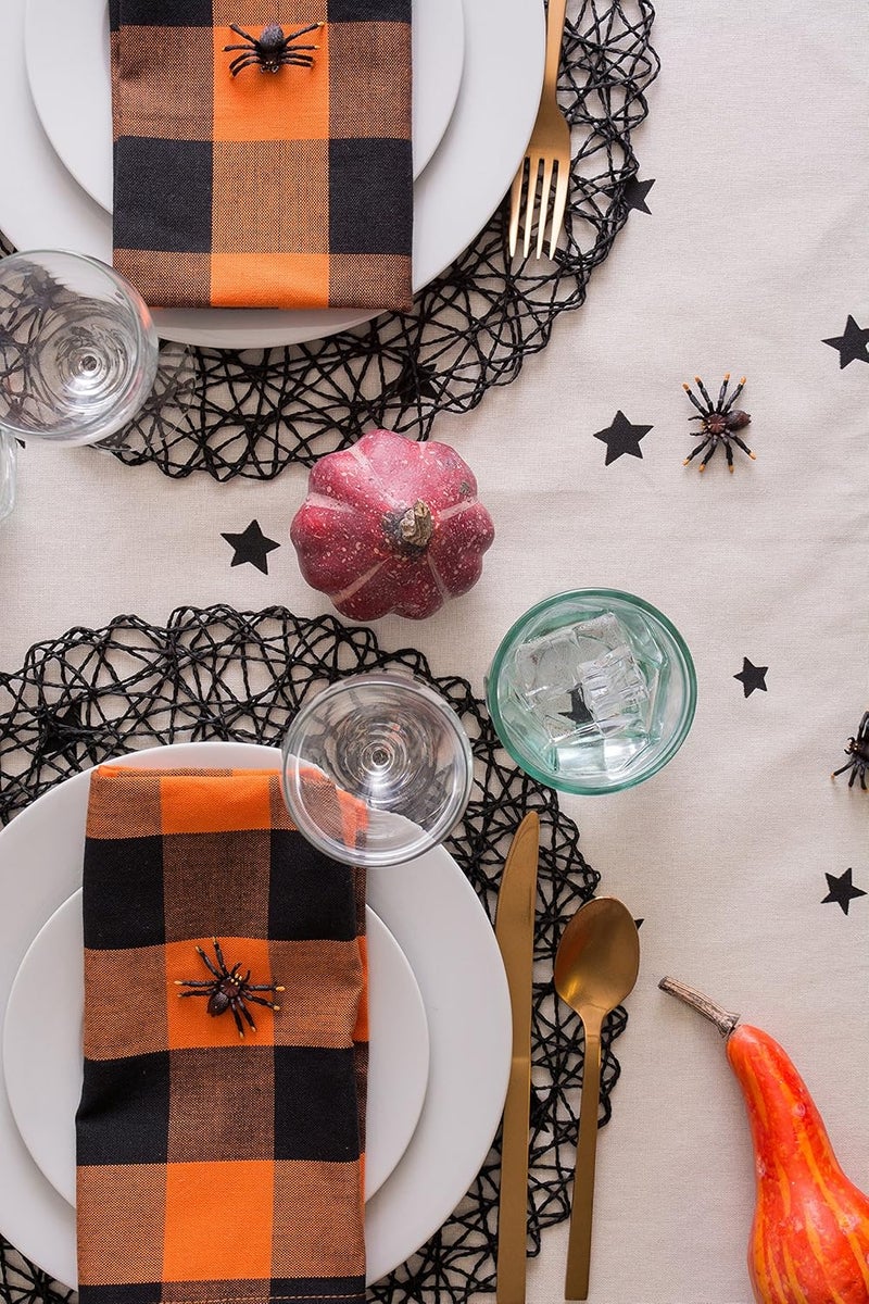 DII DII Halloween Tabletop Collection Bold Black StarsSpooky Spider with Orange Border on OffWhite Natural Background Machine Washable 52x52 Tablecloth - Image 4