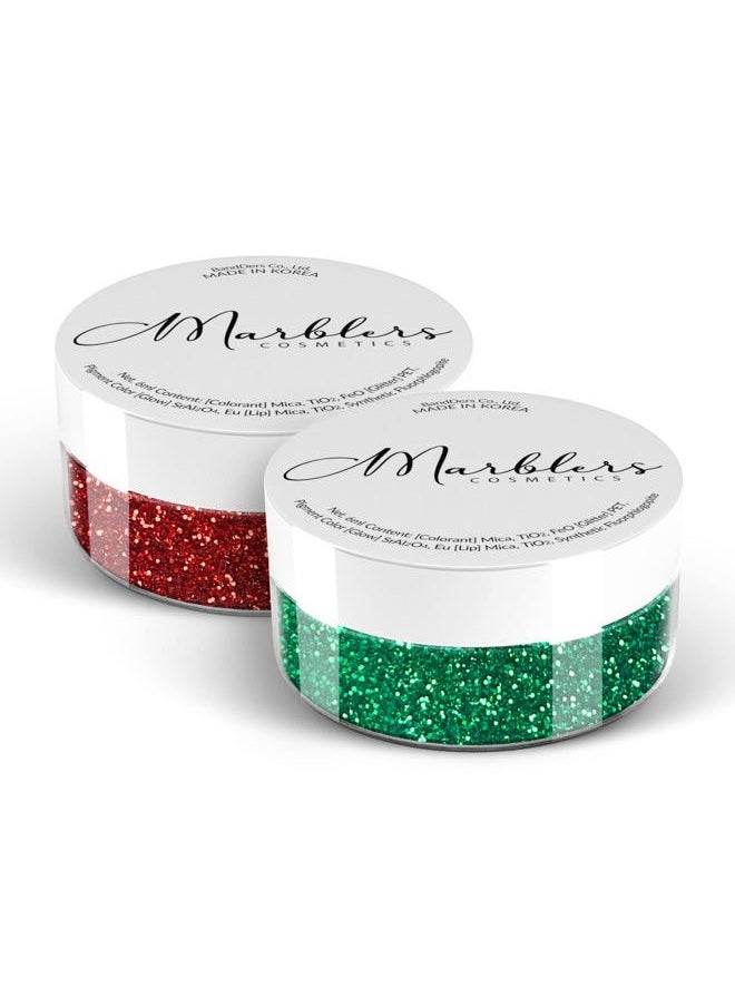 MARBLERS Cosmetic Grade Fine Glitter Duo [Santa Red & Christmas Green] 0.36oz (10g) | Non-Toxic | Vegan | Cruelty-Free | Eyeshadow, Nail Polish, Nail Art | Festival, Rave & Party Makeup | Body & Face  - Image 1