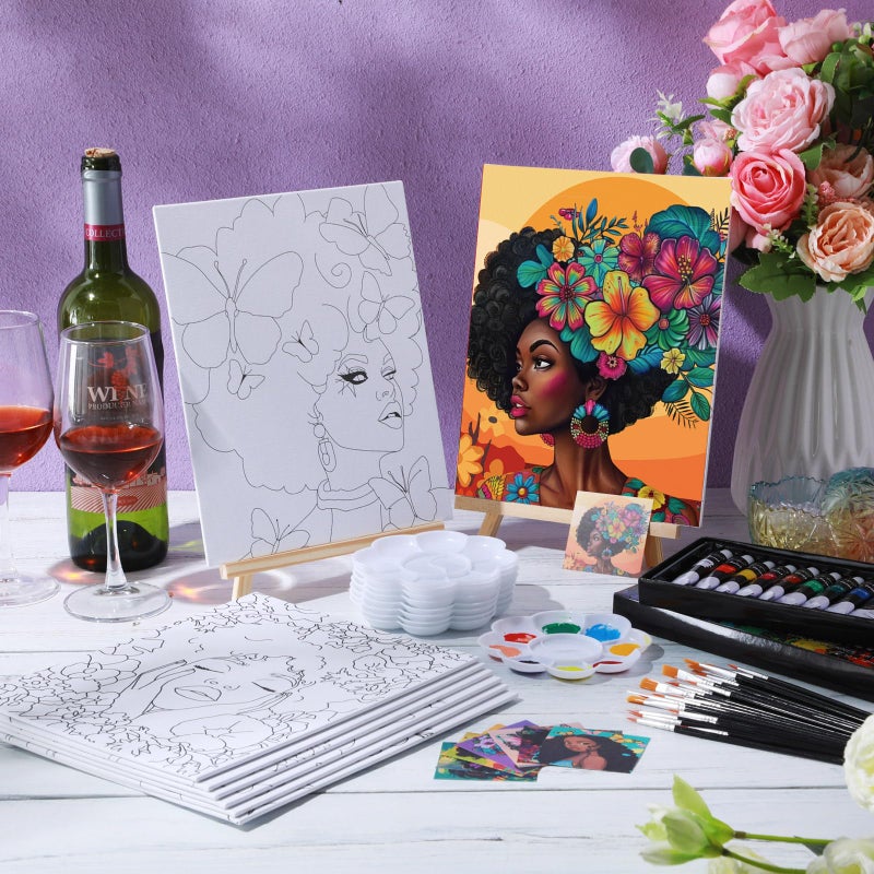 Cholemy 36 Pcs Paint and Sip Kit for Adults 8''x10'' Pre Drawn Canvas for Painting DIY Afro Acrylic Painting Kit Wood Easel Brushes Date Night Bulk for Easter Party Gifts(Flowers Woman) - Image 4