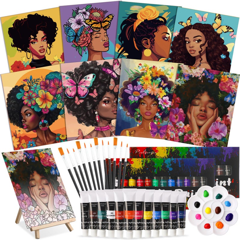 Cholemy 36 Pcs Paint and Sip Kit for Adults 8''x10'' Pre Drawn Canvas for Painting DIY Afro Acrylic Painting Kit Wood Easel Brushes Date Night Bulk for Easter Party Gifts(Flowers Woman) - Image 1