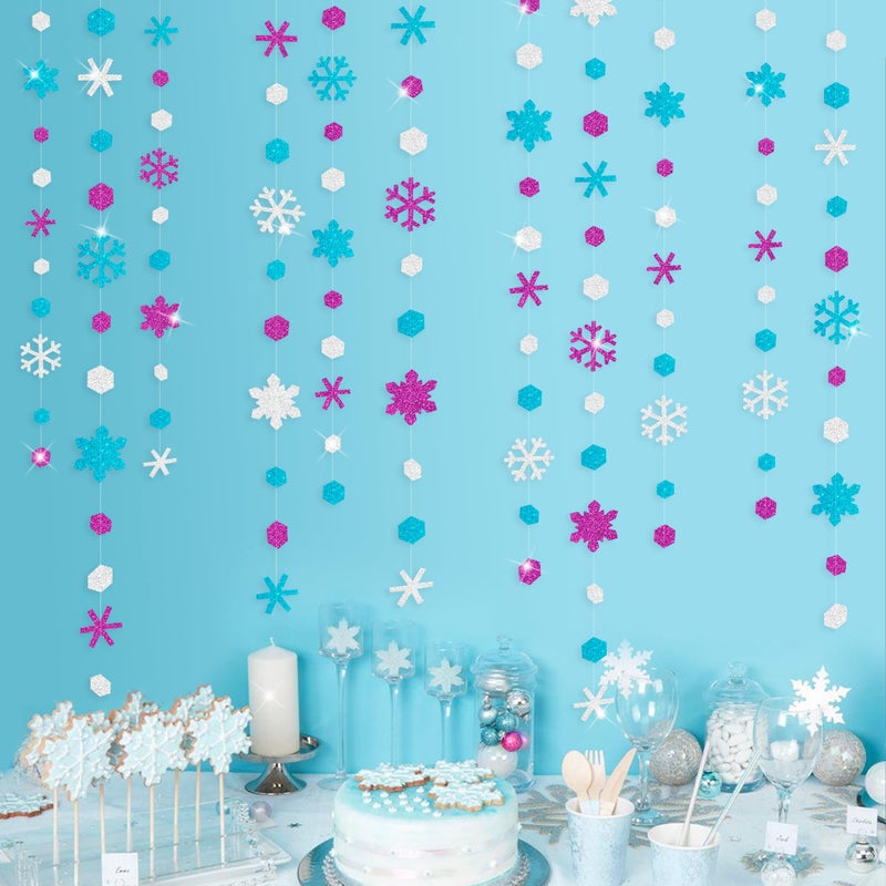 بينك بلوم 52 قدمًا للثلج ، زخارف الحفلات الفضية الأرجواني الأزرق الورق الثلج الثلج جارلاند لافتة لفريق الشتاء العجائب عطلة عيد ميلاد تجميد زفاف الطفل دش الزفاف اللوازم حفلة دش الزفاف - Image 4