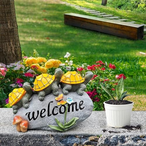 shumi Solar Garden Statue Turtle Outdoor Lights -Welcome Turtles on a Rock Solar Powered LED Outdoor Garden Ornaments，for Indoor Outdoor Yard Statue Decoration，Thanksgiving Christmas 1 Pack - Image 3