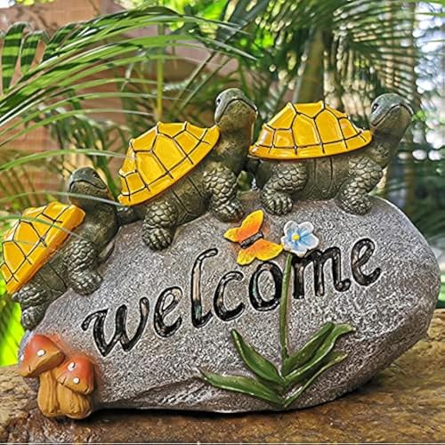 shumi Solar Garden Statue Turtle Outdoor Lights -Welcome Turtles on a Rock Solar Powered LED Outdoor Garden Ornaments，for Indoor Outdoor Yard Statue Decoration，Thanksgiving Christmas 1 Pack - Image 1
