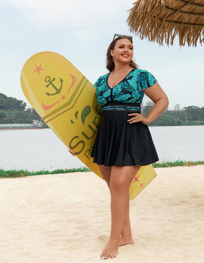Arolina Plus Size Swimsuit for Women Swim Dress Full Coverage 2 Piece Bathing Suits Tummy Control Curvy Swimsuits with Boyshorts (Green, 16W) - Image 2