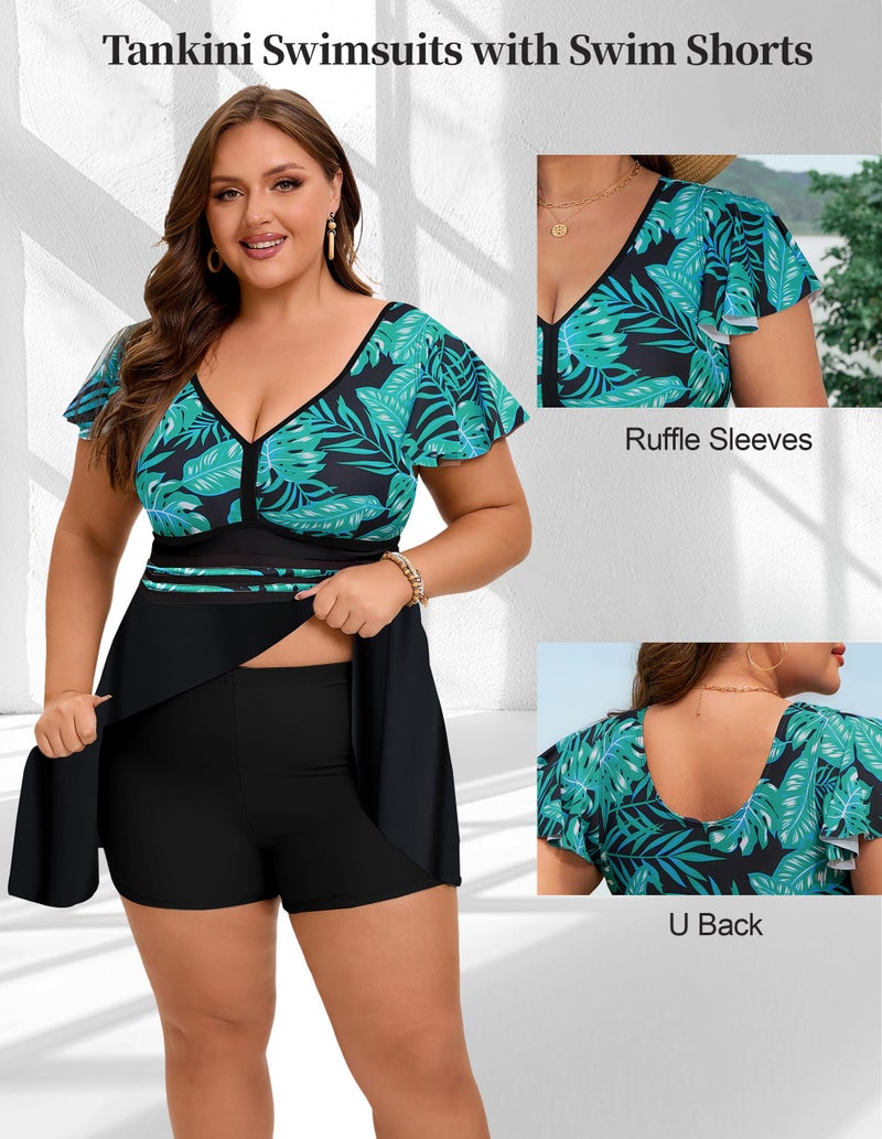 Arolina Plus Size Swimsuit for Women Swim Dress Full Coverage 2 Piece Bathing Suits Tummy Control Curvy Swimsuits with Boyshorts (Green, 16W) - Image 4