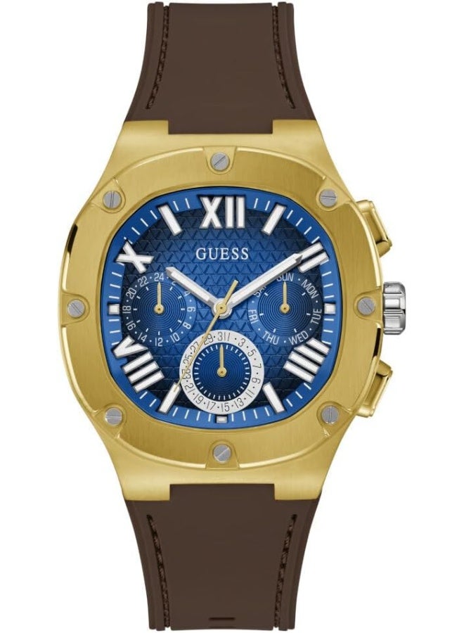 GUESS Men's 42mm Watch - Brown Strap Blue Dial Gold Tone Case - Image 1