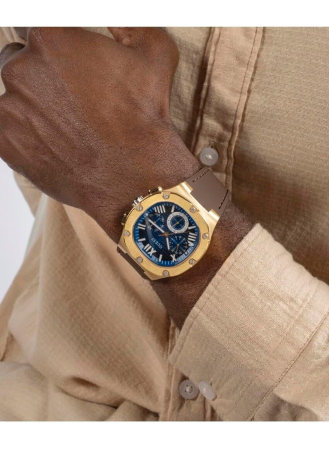 GUESS Men's 42mm Watch - Brown Strap Blue Dial Gold Tone Case - Image 4