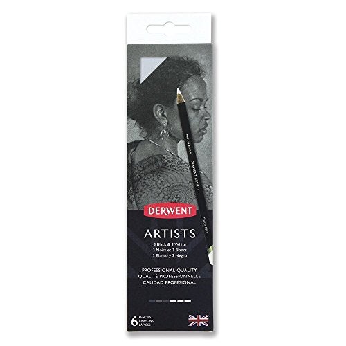 DERWENT Artist's Pencils 6 Black & White Tin with Pencil Sharpener - Image 1