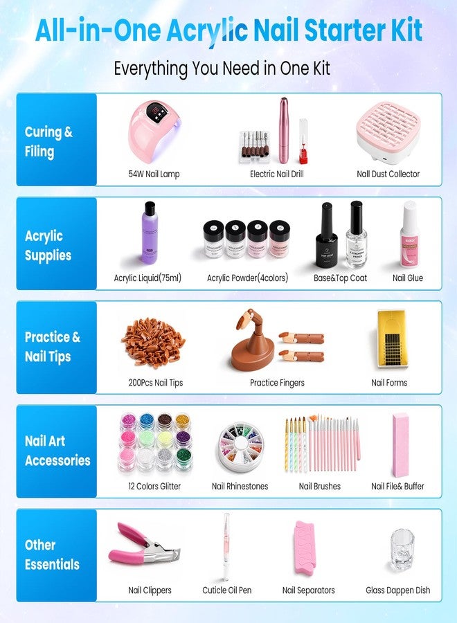 Wilfniee Nail Kit for Beginners with Everything：Complete Acrylic Nail Starter Kit with UV Nail Lamp, Nail Drill, Dust collector, Nail Practice Kit with Practice Finger, Powder in Gift Bag for Home - Image 4
