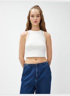 KOTON Cotton Fishnet Detail Halter Neck Crop Tank Top  - Image 3