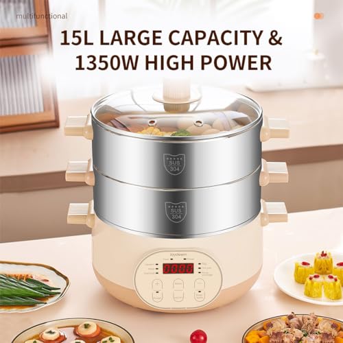 Joydeem Electric Food Steamer for Cooking, 2-Tier Stainless Steel Vegetable & Food Steamers, 15L/15.9 qt Large Capacity, JD-DZG15B - Image 3