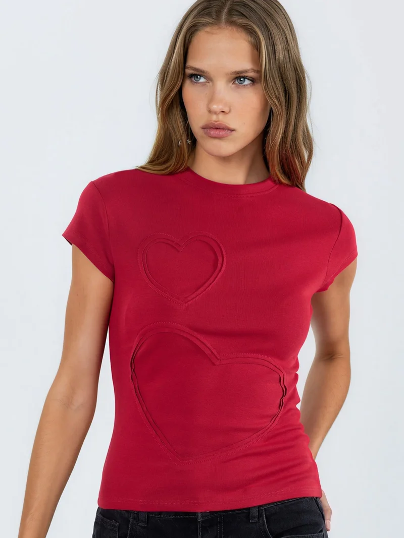 بوسيم BUSEM Embroidered Heart Print Crew Neck T-Shirt