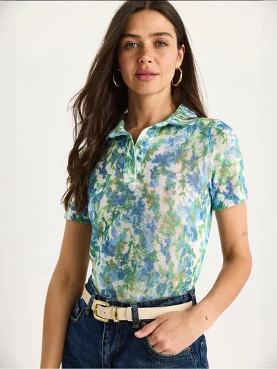 Bianco Lucci LUCCI Flowery Polo Shirt Blouse