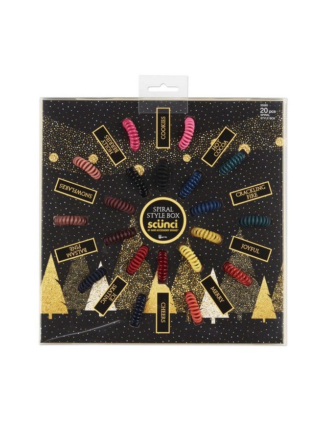 Scunci Festive Spiral Hair Tie Elastic Fashion Gift Box Contains 20 Nostress Nodamage Ponytail Bands In Pink Coral Green Sage Navy Berry Black Blue Gold Red In Acrylic Presentation Box - Image 1