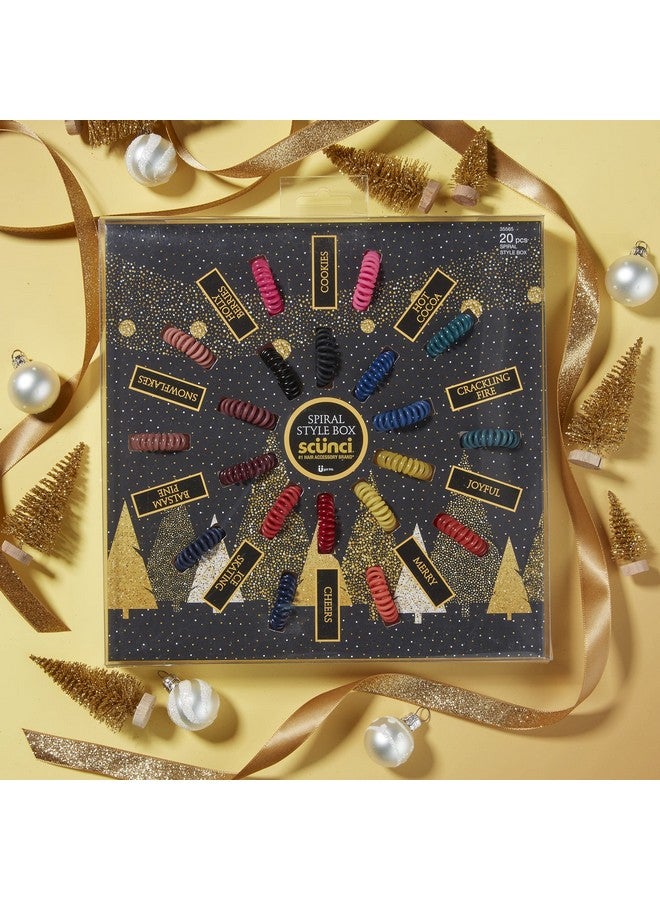 Scunci Festive Spiral Hair Tie Elastic Fashion Gift Box Contains 20 Nostress Nodamage Ponytail Bands In Pink Coral Green Sage Navy Berry Black Blue Gold Red In Acrylic Presentation Box - Image 4