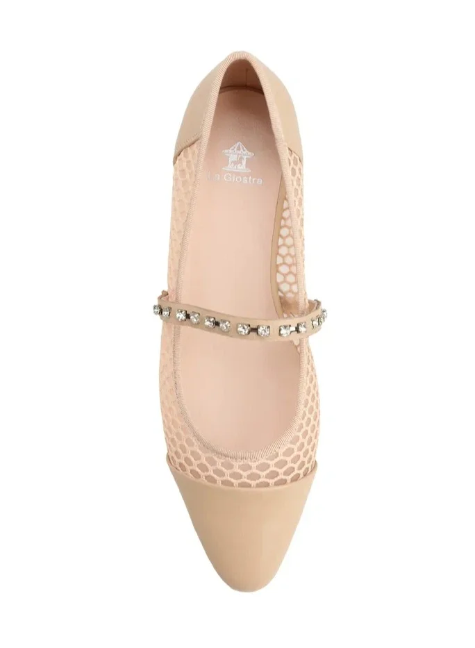 La Giostra Women's Leather Flat Flatform Ballet Flats Decorated With Shimmering Rhinestones Beige