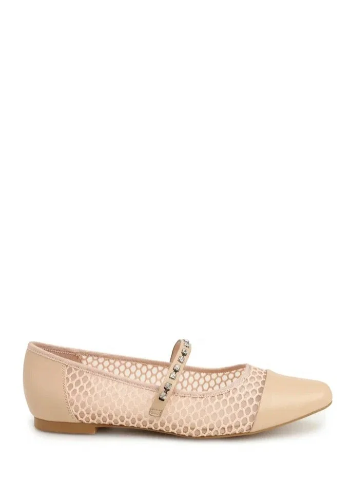 La Giostra Women's Leather Flat Flatform Ballet Flats Decorated With Shimmering Rhinestones Beige