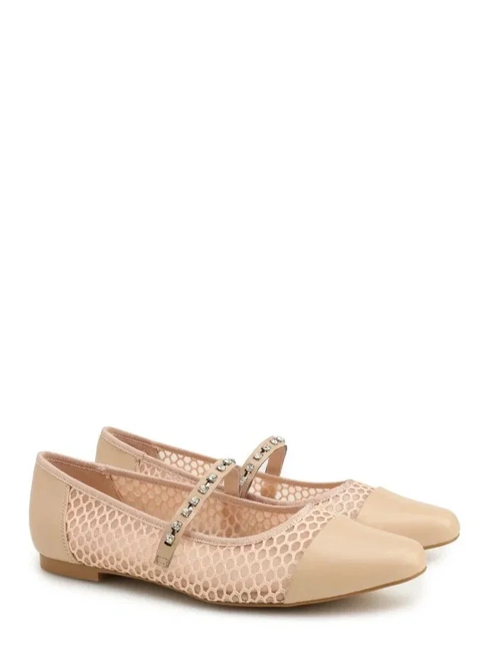 La Giostra Women's Leather Flat Flatform Ballet Flats Decorated With Shimmering Rhinestones Beige