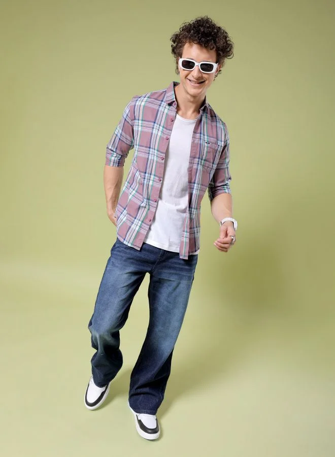 شركة المرآب الهندية Men Slim Fit Checkered Full Sleeves Cutaway Collar Casual Shirt