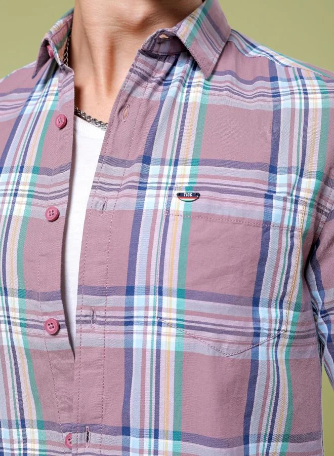 شركة المرآب الهندية Men Slim Fit Checkered Full Sleeves Cutaway Collar Casual Shirt