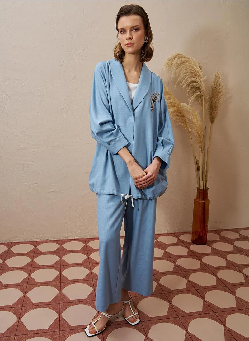 Kayra Palm Embroidered Two-Piece Set Dark Blue