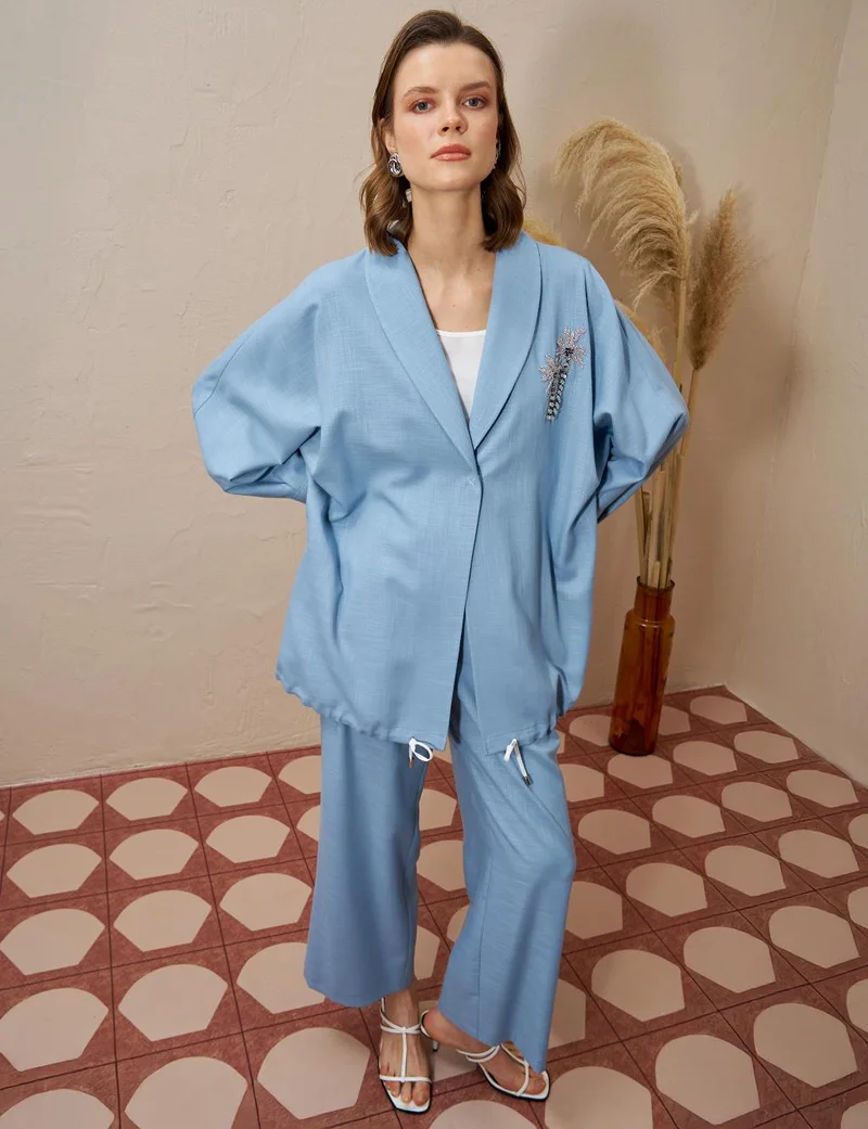 Kayra Palm Embroidered Two-Piece Set Dark Blue