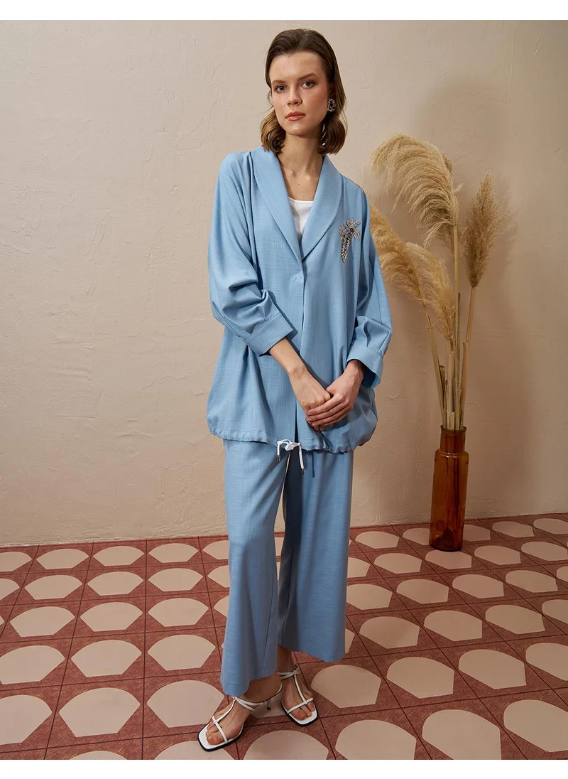Kayra Palm Embroidered Two-Piece Set Dark Blue