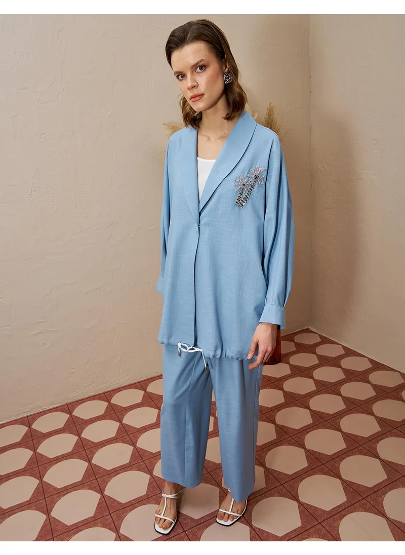 Kayra Palm Embroidered Two-Piece Set Dark Blue