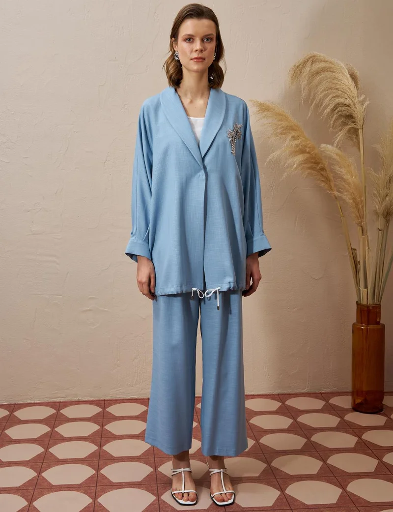 Kayra Palm Embroidered Two-Piece Set Dark Blue