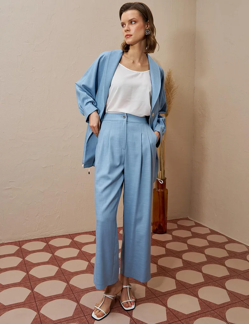Kayra Palm Embroidered Two-Piece Set Dark Blue