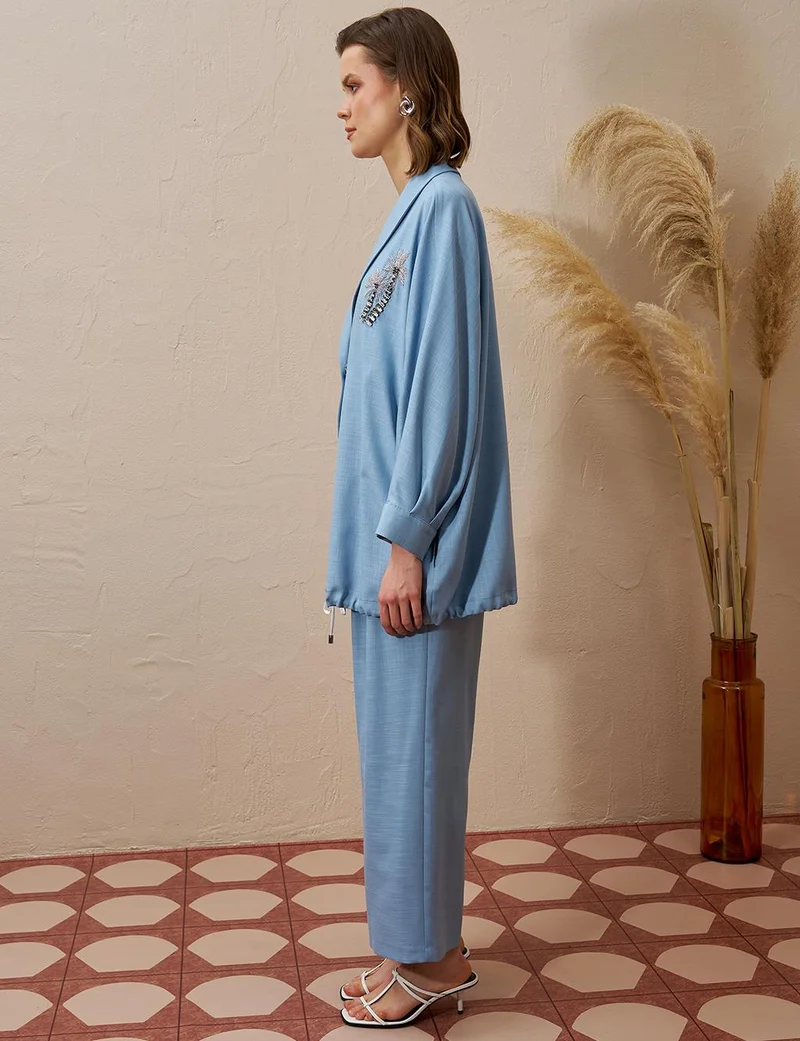 Kayra Palm Embroidered Two-Piece Set Dark Blue