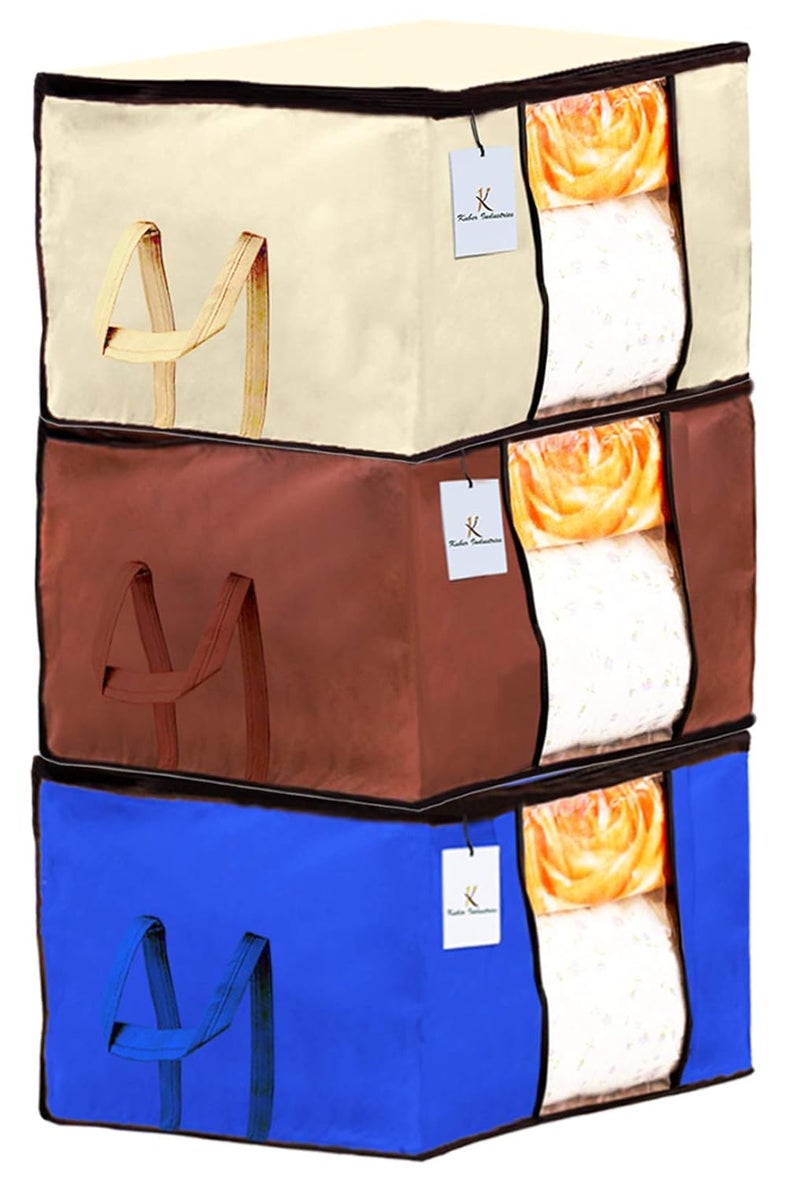 Kuber Industries Kuber Industries Underbed Storage Bag Storage Organiser Blanket Cover Set of 3 Extra Large Size IvoryRoyal BlueDark BrownCTKTC23891 - Image 1