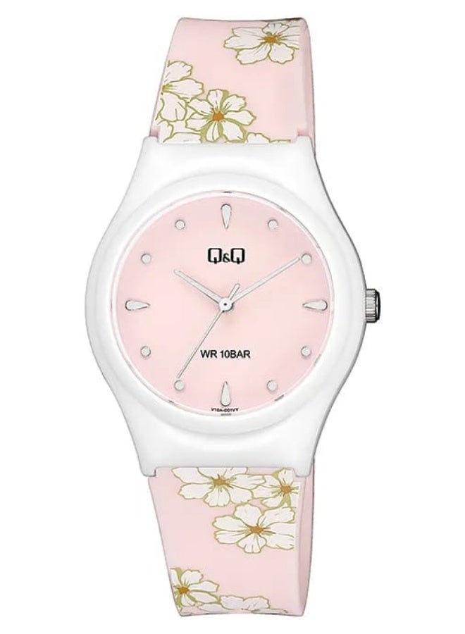 Q&Q Ladies Analog Watch V10A-001VY with Floral Strap, Pink Dial - Image 1