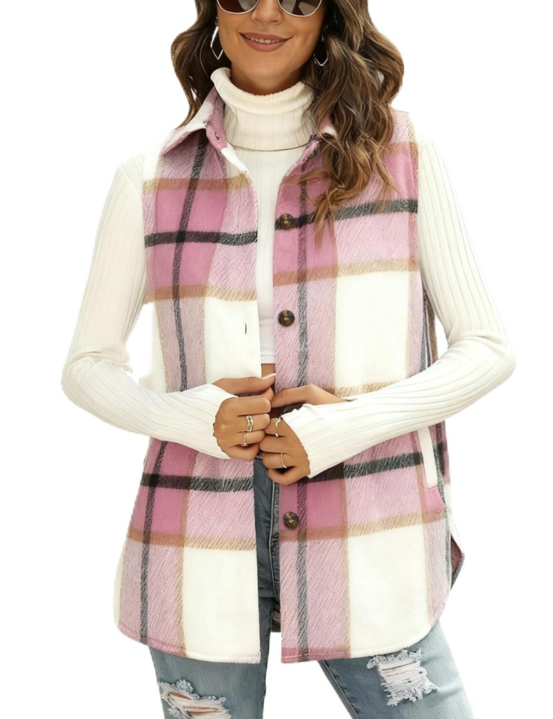 UANEO Womens Fall Flannel Plaid Vest Button Down Sleeveless Shirt Jacket With Pockets (Pink-S) - Image 1