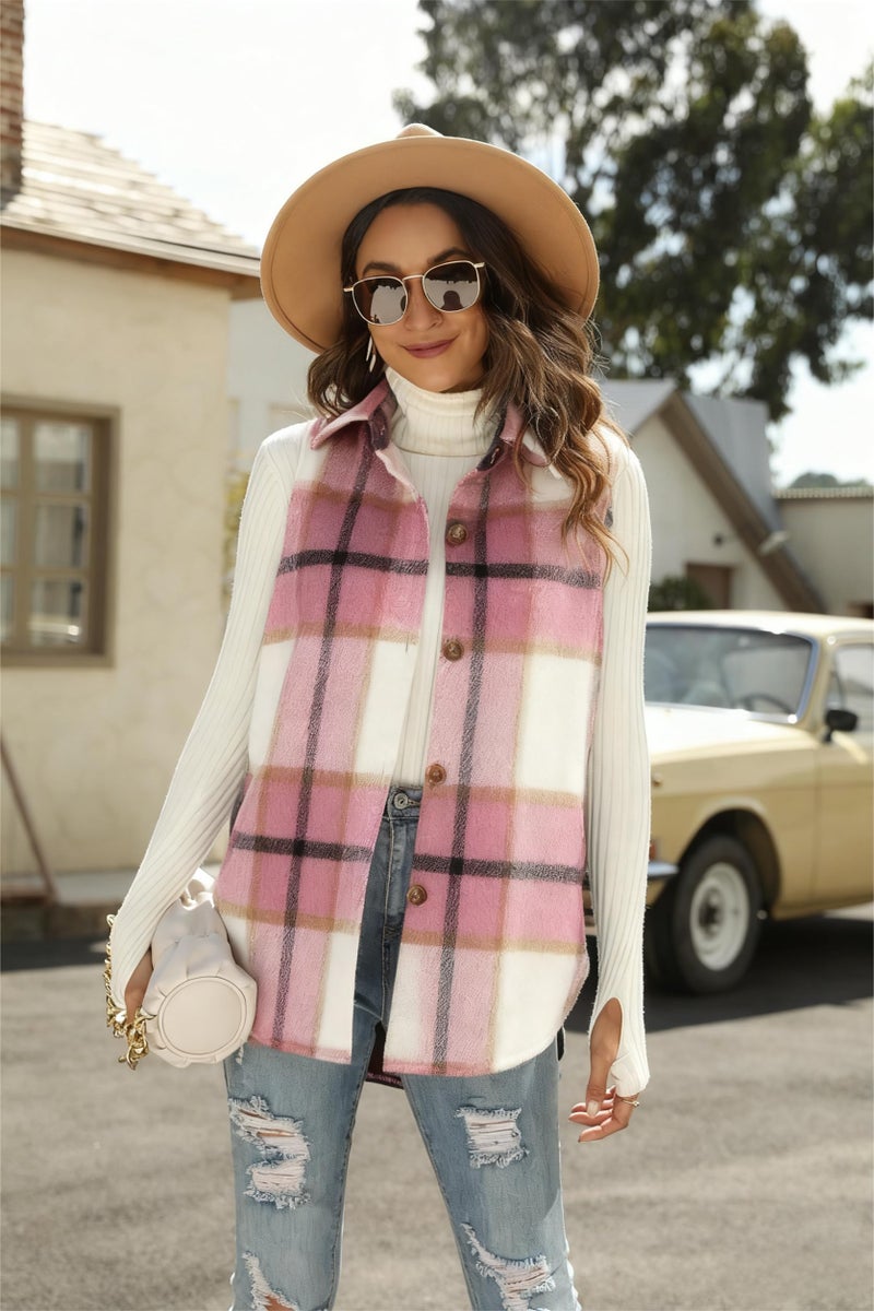 UANEO Womens Fall Flannel Plaid Vest Button Down Sleeveless Shirt Jacket With Pockets (Pink-S) - Image 2