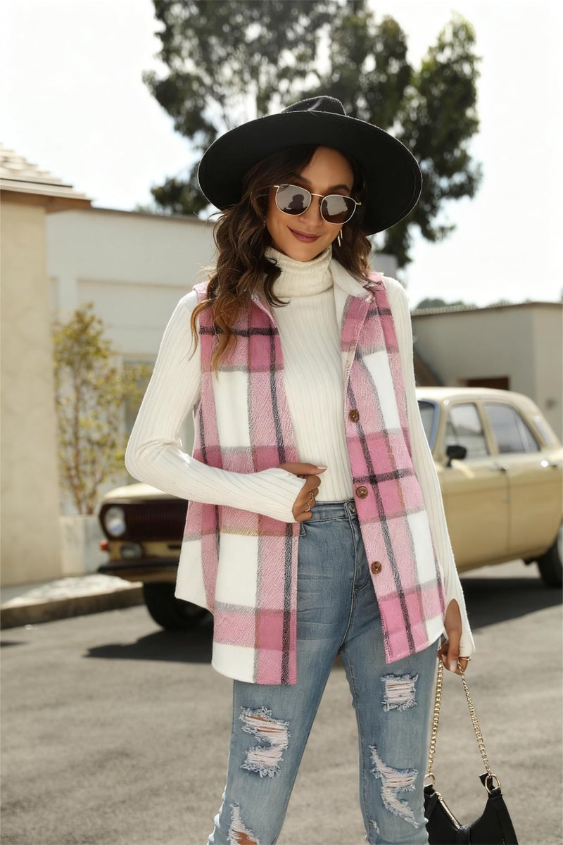UANEO Womens Fall Flannel Plaid Vest Button Down Sleeveless Shirt Jacket With Pockets (Pink-S) - Image 3