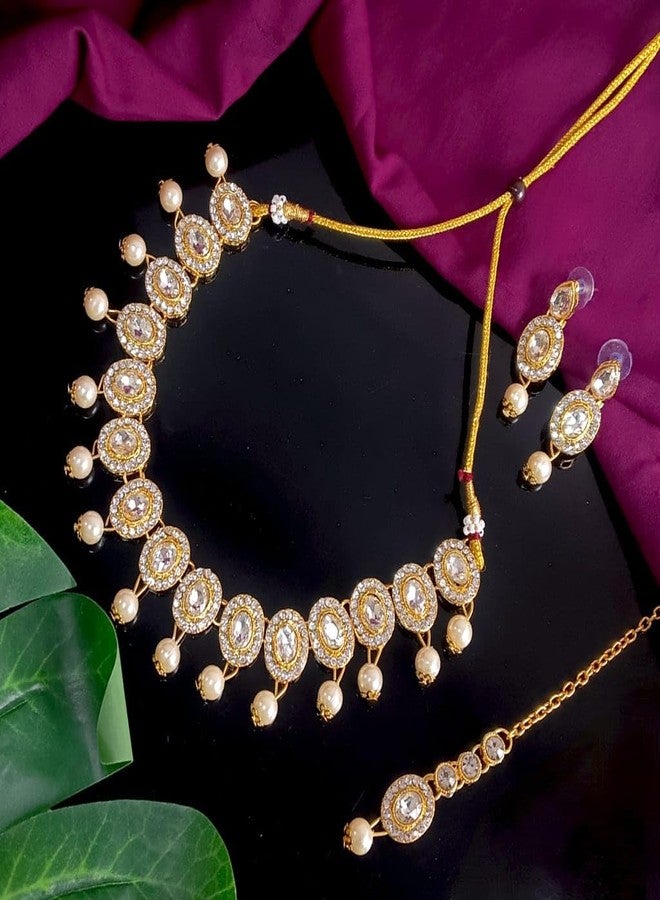 Efulgenz Indian Jewelry White Faux Pearl Kundan Necklace Earring Bridal Set - Image 5