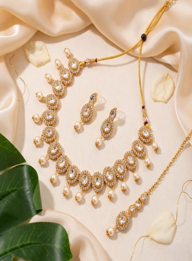 Efulgenz Indian Jewelry White Faux Pearl Kundan Necklace Earring Bridal Set - Image 2