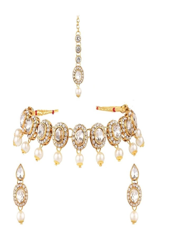 Efulgenz Indian Jewelry White Faux Pearl Kundan Necklace Earring Bridal Set - Image 1