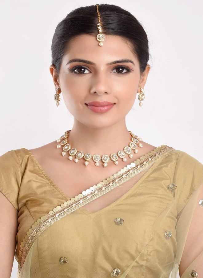 Efulgenz Indian Jewelry White Faux Pearl Kundan Necklace Earring Bridal Set - Image 3