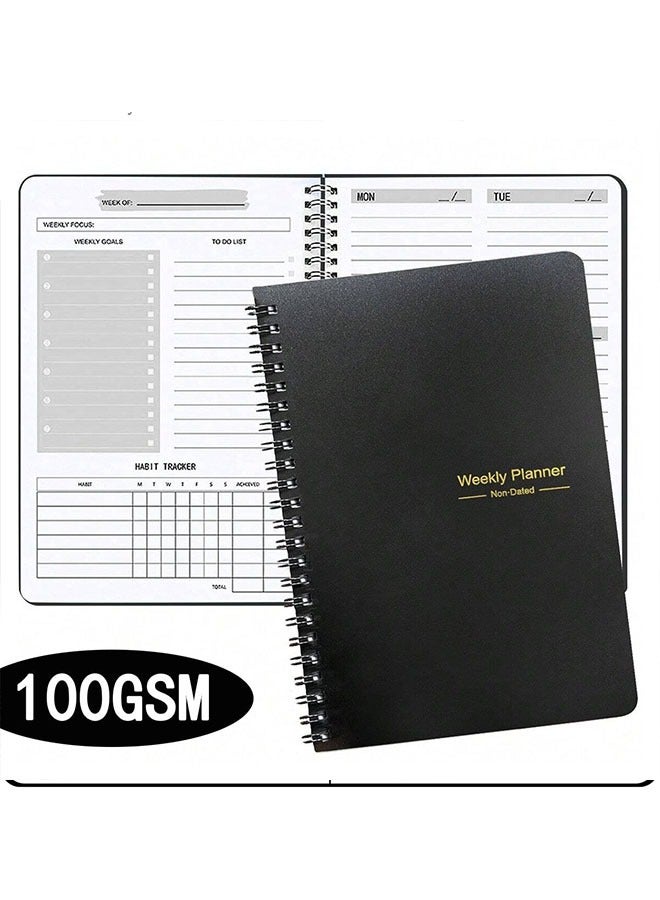 Generic Undated Weekly Planner, Weekly Goals Notebook, A5 To Do List Planner, Habit Tracker Journal with Spiral Binding, 21x14.5cm, Black  - Image 1