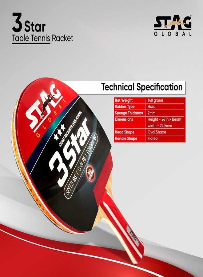 Stag Global 3 Star Table Tennis (T.T) Racket | Premium ITTF Approved Rubber| Beginner-Intermediate Series T.T Racquet| Pro Custom Designed Comfortable Grip Paddle - Image 2
