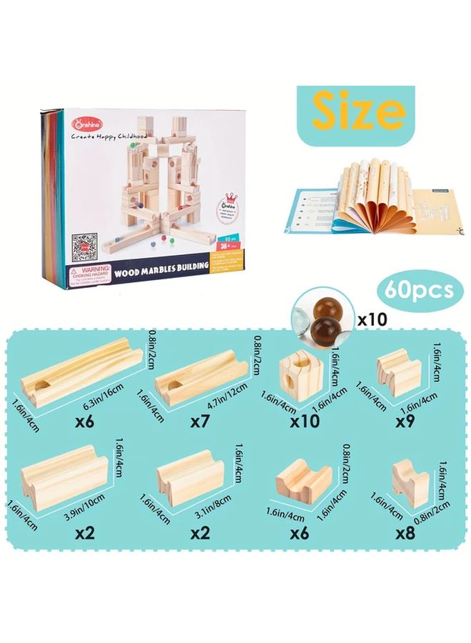 60PCS Wooden Marble Run Building Blocks Toys STEM Learning Construction Play Set - Image 3