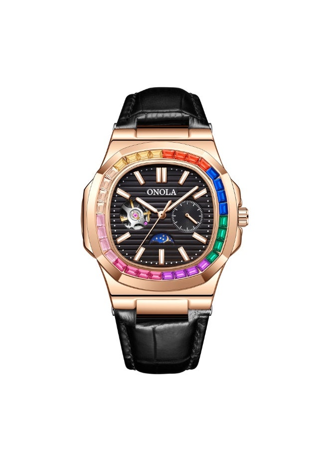 أونولا ساعة ميكانيكية مقاومة للماء بسوار جلدي من الألماس بألوان قوس قزح وشمس وقمر ونجمة وصباح - Image 1