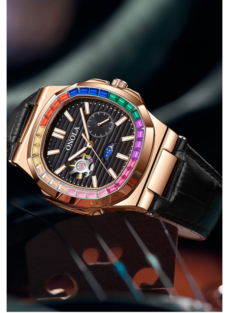 أونولا ساعة ميكانيكية مقاومة للماء بسوار جلدي من الألماس بألوان قوس قزح وشمس وقمر ونجمة وصباح - Image 2