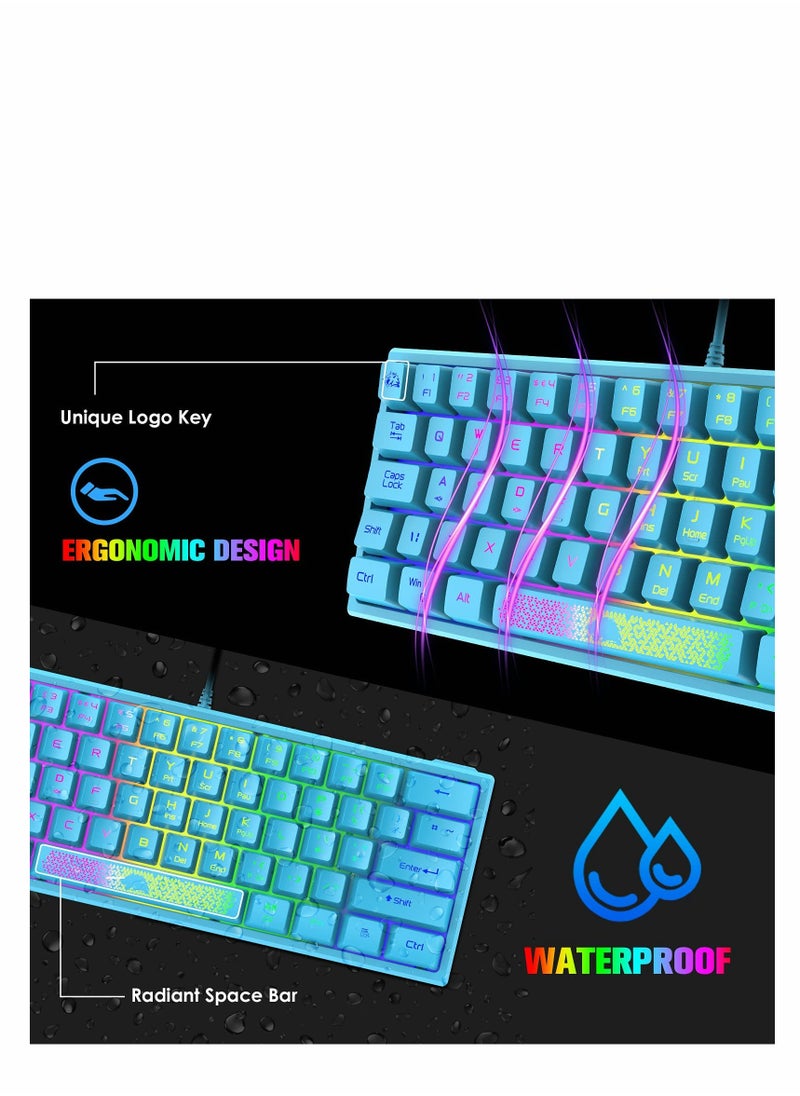 KASTWAVE - لوحة مفاتيح للألعاب بنسبة 60%، صغيرة محمولة بألوان قوس قزح RGB بإضاءة خلفية مدمجة ومريحة، تصميم 62 مفتاحًا، 19 مفتاحًا، ملمس ميكانيكي مضاد للظلال، سلكي USB مقاوم للماء لأجهزة الكمبيوتر الشخصية وأجهزة الكمبيوتر المحمول التي تعمل بنظام Windows (أزرق) - Image 1
