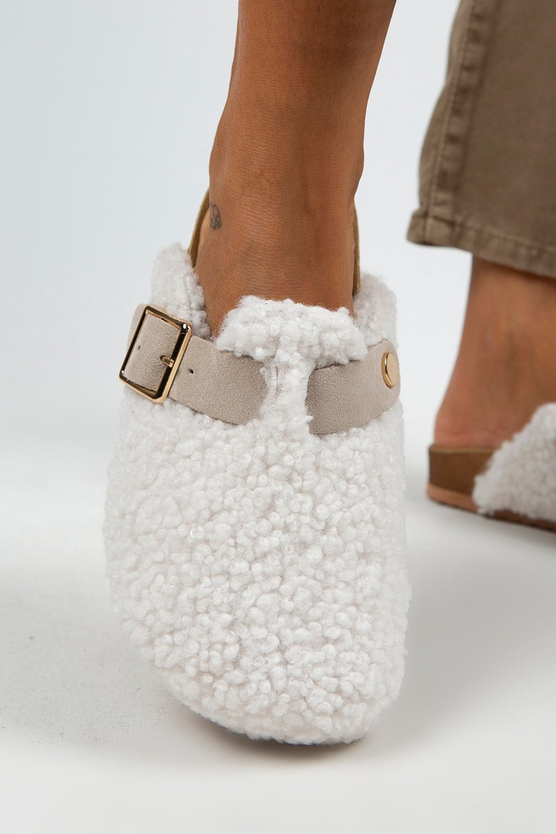 Manijero Suzen Women's Textile Fur Genuine Leather Belt Buckle White - Beige Slippers  - Image 5