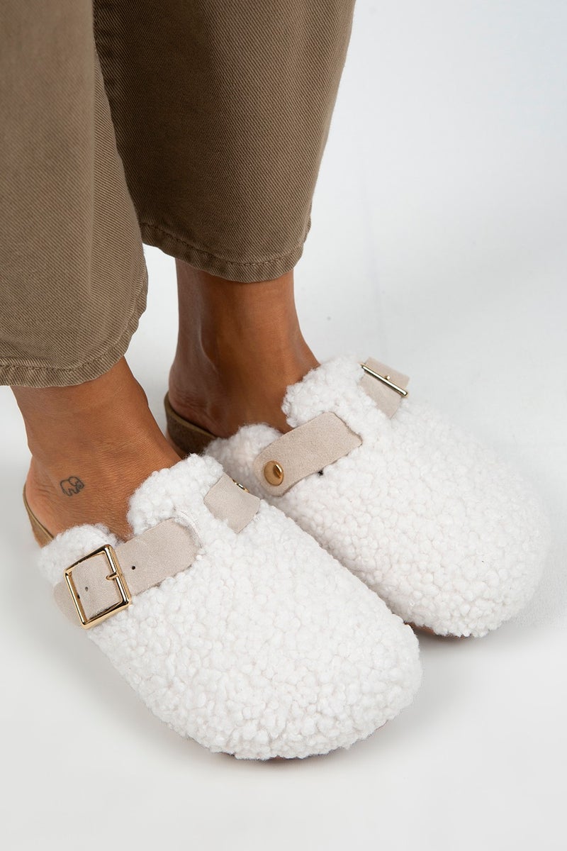 Manijero Suzen Women's Textile Fur Genuine Leather Belt Buckle White - Beige Slippers  - Image 3