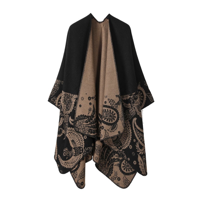 Ladies Split Cape Shawl Dual-sided Tassel New Cashew Lace-Black Brown